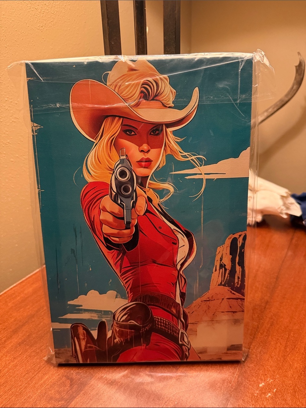 Western Cowgirl Gunfighter Canvas Art Print - Red & Blue